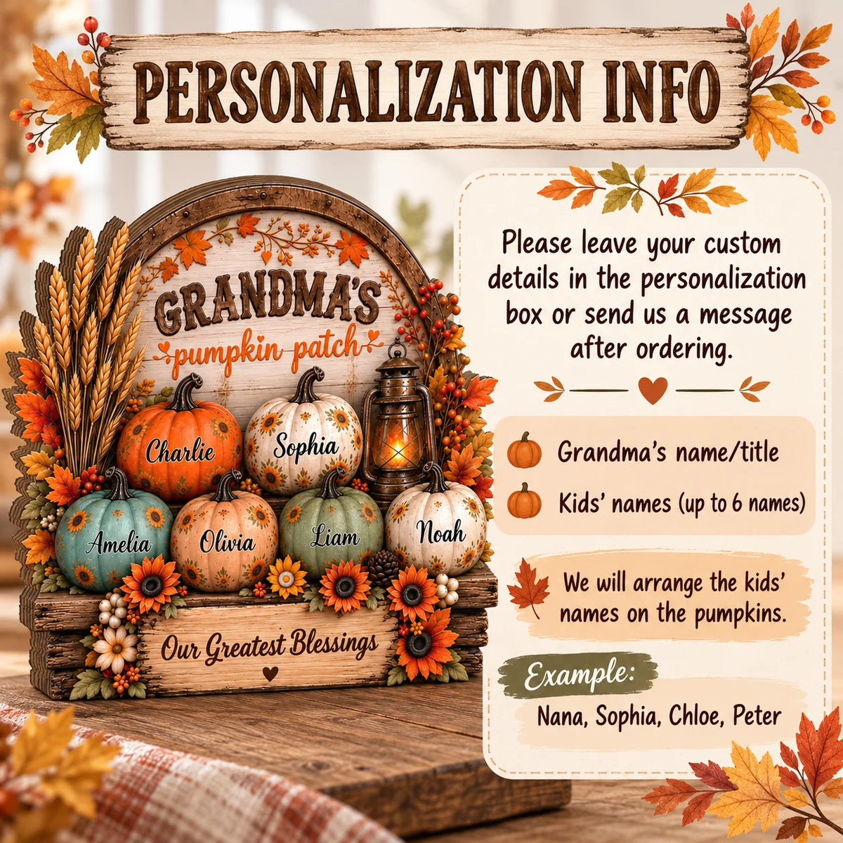 Grandma's Pumpkin Patch My Greatest Blessing Sign Personalized Fall Decor Gift for Grandmother