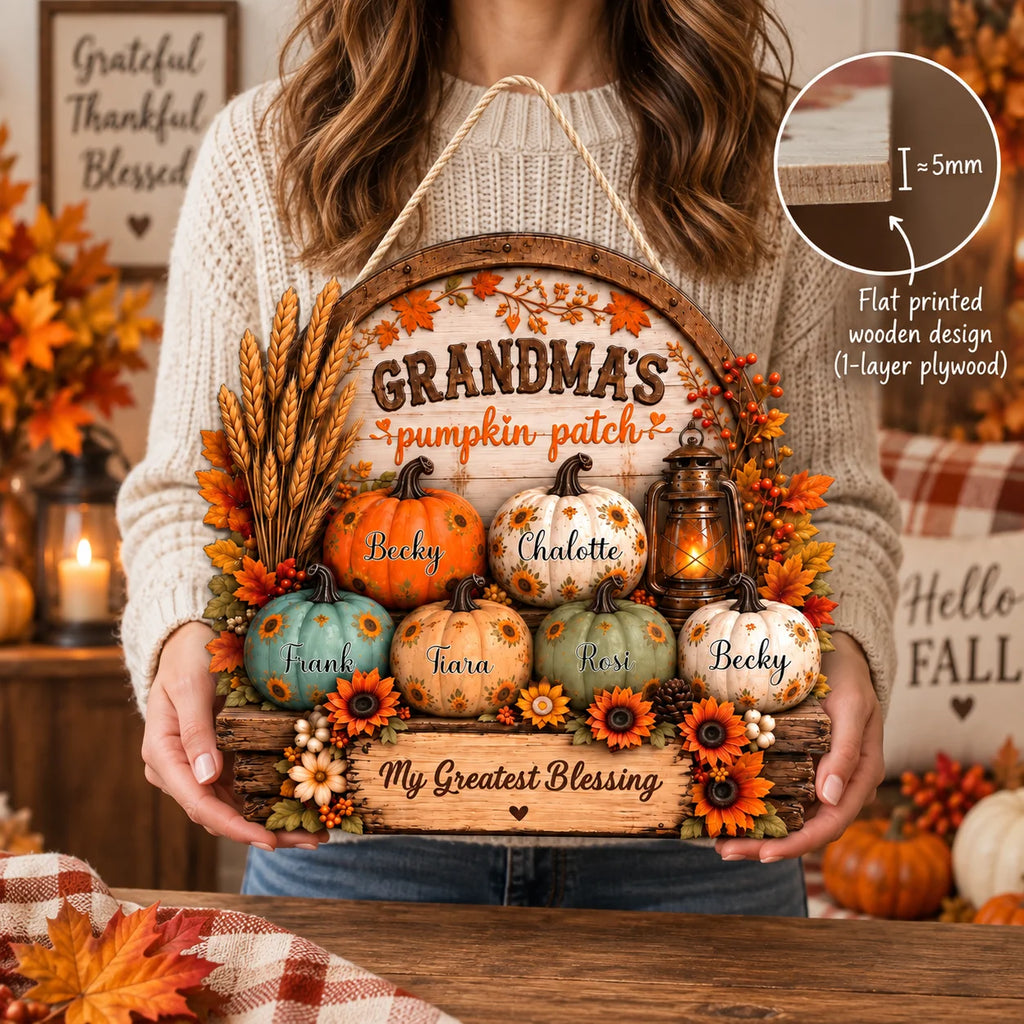 Close-up of Grandma's Pumpkin Patch Wall Decor My Greatest Blessing Personalized Fall Sign