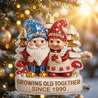 Customer in Los Angeles wearing Growing Old Together Ornament Personalized Gnome Couple Acrylic Keepsake for Anniversary and Christm