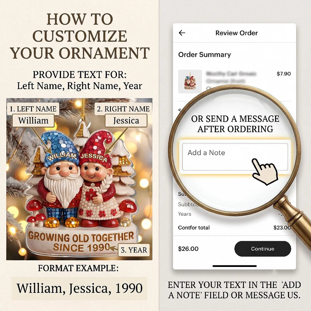 Close-up of Growing Old Together Ornament Personalized Gnome Couple Acrylic Keepsake for Anniversary and Christm