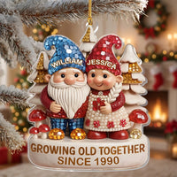 Customer in Los Angeles wearing Growing Old Together Ornament Personalized Gnome Couple Acrylic Keepsake for Anniversary and Christm