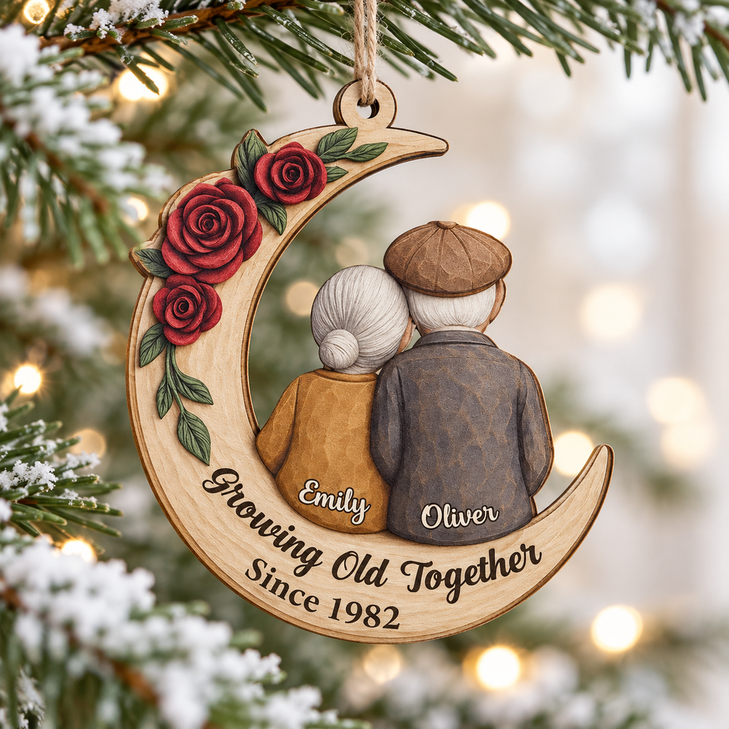 Growing Old Together personalized wooden moon ornament - main view with custom couple names and year