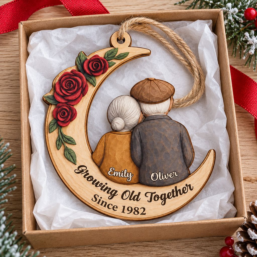 Growing Old Together personalized wooden moon ornament - couple anniversary keepsake detail 3