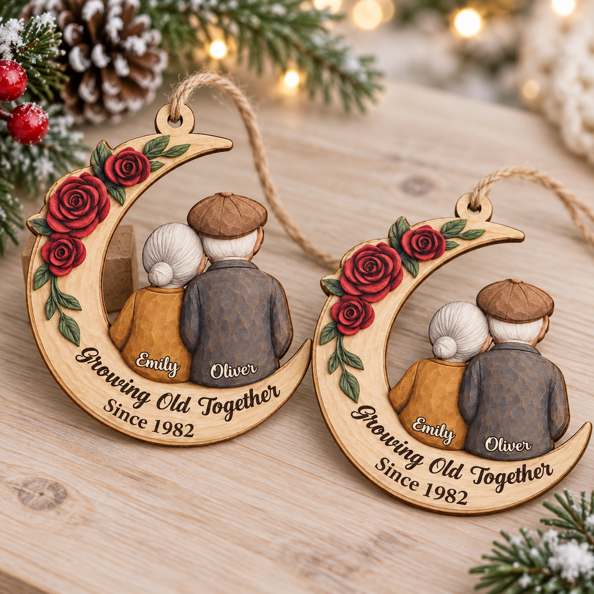Growing Old Together personalized wooden moon ornament - couple anniversary keepsake detail 6