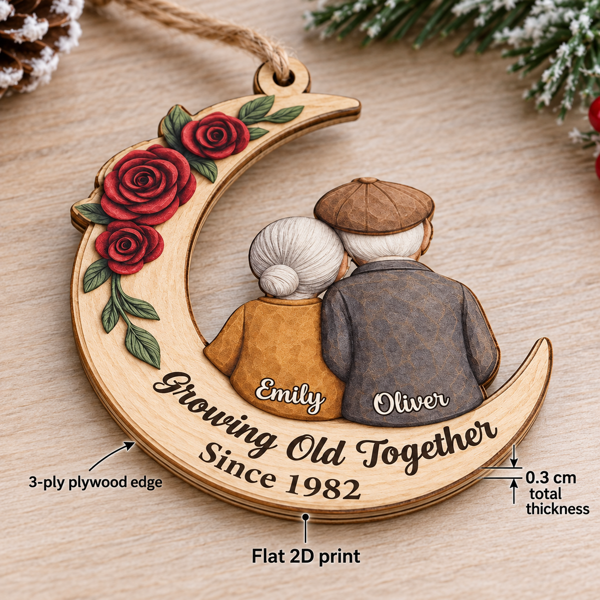 Growing Old Together personalized wooden moon ornament - flat 2D printed design on 3-ply plywood