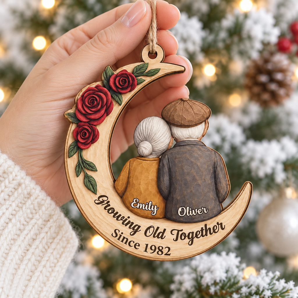 Growing Old Together personalized wooden moon ornament - couple anniversary keepsake detail 8