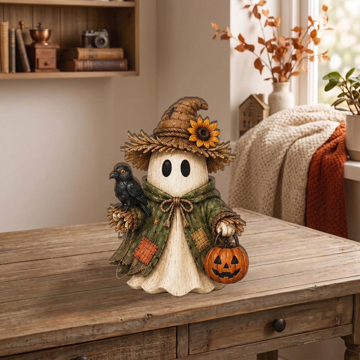 Customer in Los Angeles wearing Halloween Ghost Figurines Set Cute Spooky Costumed Ghost Figurine Tiered Tray Decor and Collectible 