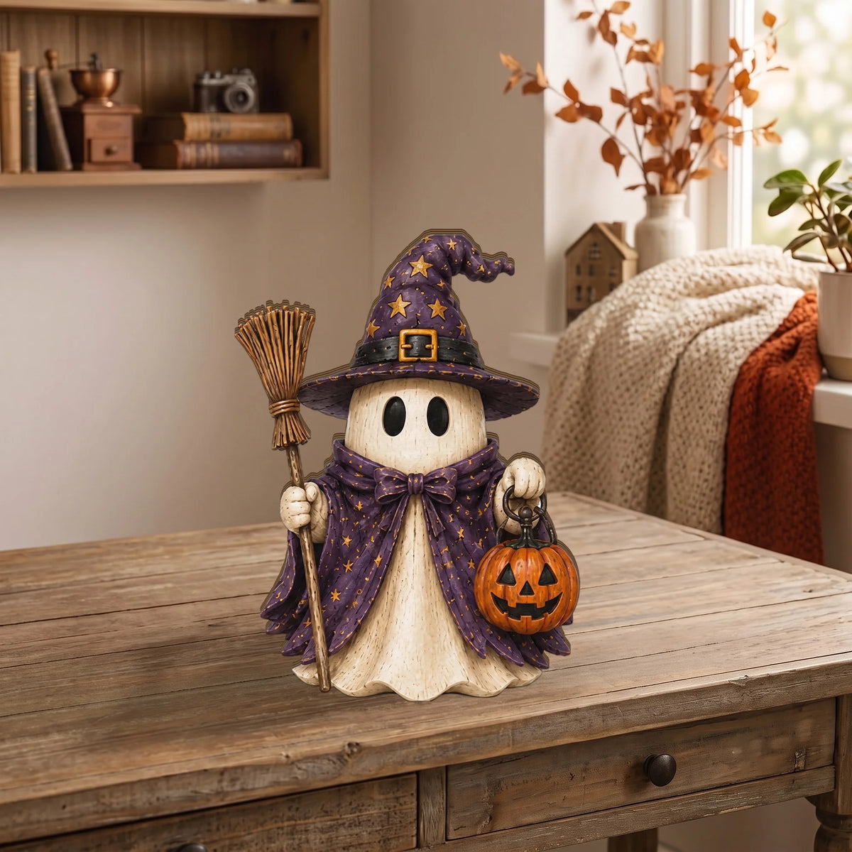 Customer in Los Angeles wearing Halloween Ghost Figurines Set Cute Spooky Costumed Ghost Figurine Tiered Tray Decor and Collectible 