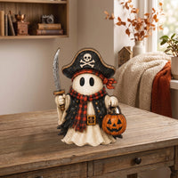 Customer in Los Angeles wearing Halloween Ghost Figurines Set Cute Spooky Costumed Ghost Figurine Tiered Tray Decor and Collectible 