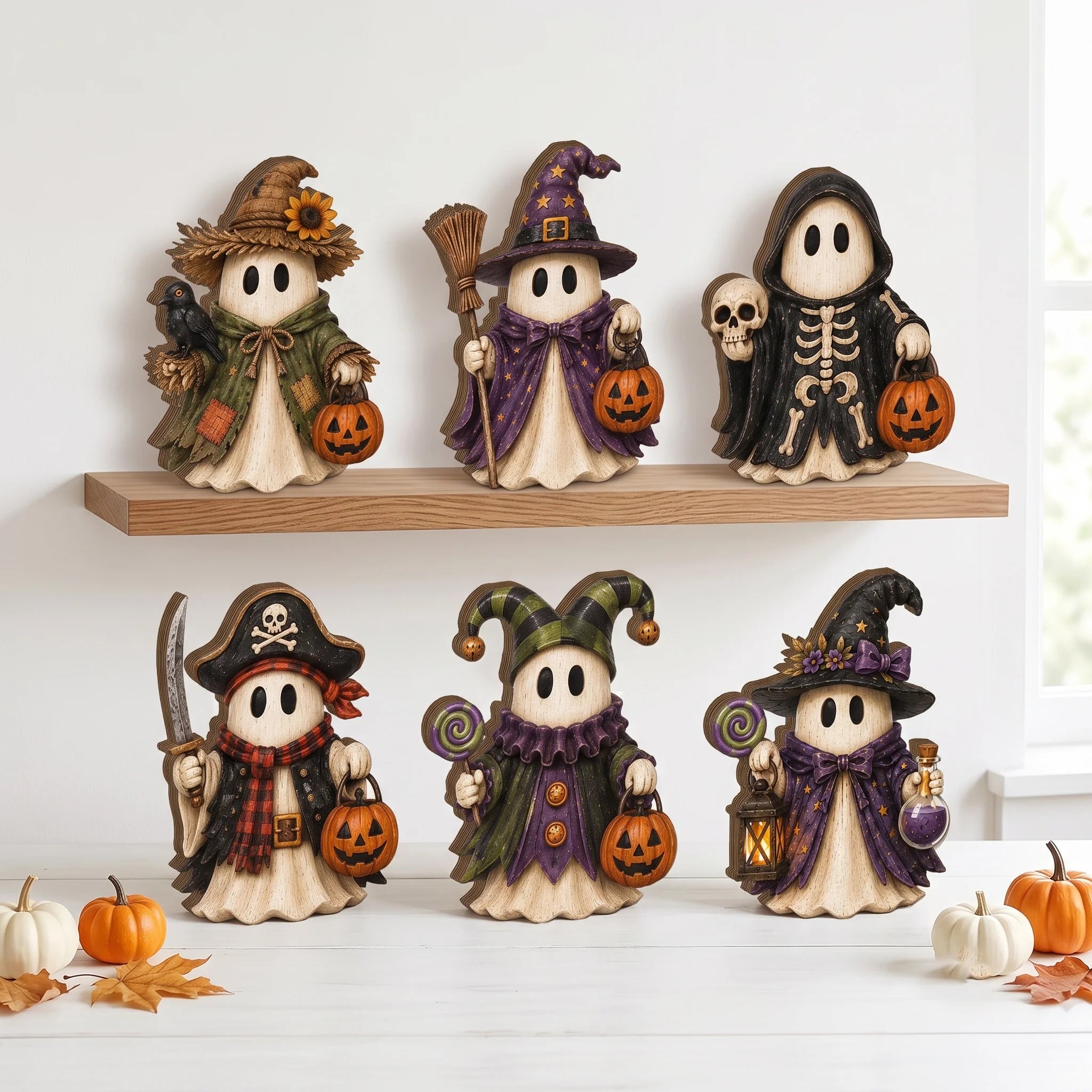 Halloween Ghost Figurines Set Cute Spooky Costumed Ghost Figurine Tiered Tray Decor and Collectible  available at our Los Angeles warehouse
