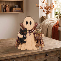 Customer in Los Angeles wearing Halloween Wooden Ghost Tabletop Decor Wood Figurine Set for Fall Tiered Tray and Rustic Spooky Home 