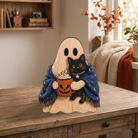 Close-up of Halloween Wooden Ghost Tabletop Decor Wood Figurine Set for Fall Tiered Tray and Rustic Spooky Home  for streetwear fans in Los Angeles