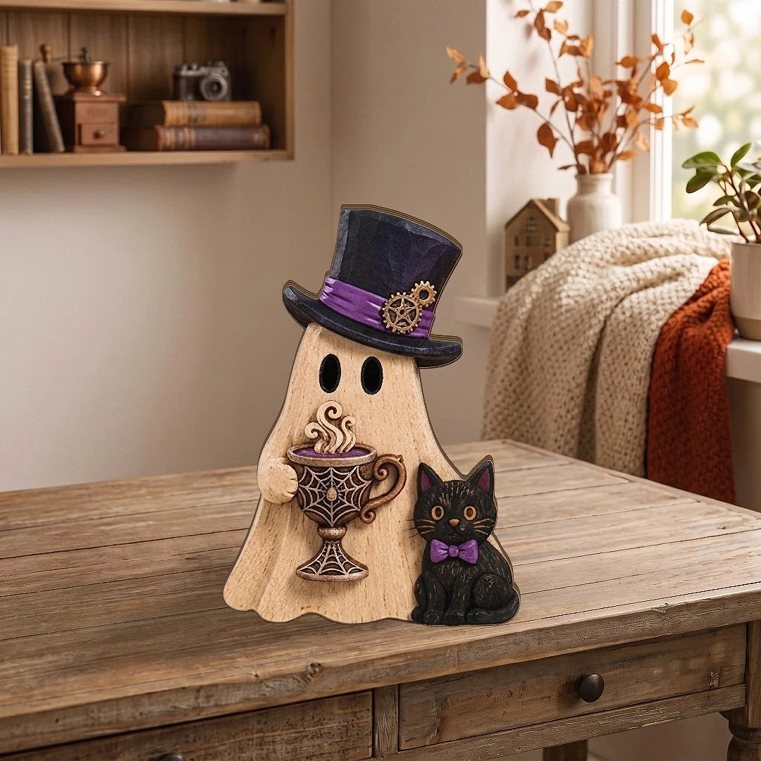 Customer in Los Angeles wearing Halloween Wooden Ghost Tabletop Decor Wood Figurine Set for Fall Tiered Tray and Rustic Spooky Home 