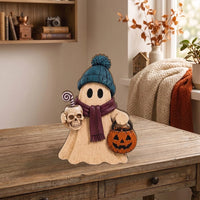 Close-up of Halloween Wooden Ghost Tabletop Decor Wood Figurine Set for Fall Tiered Tray and Rustic Spooky Home  for streetwear fans in Los Angeles