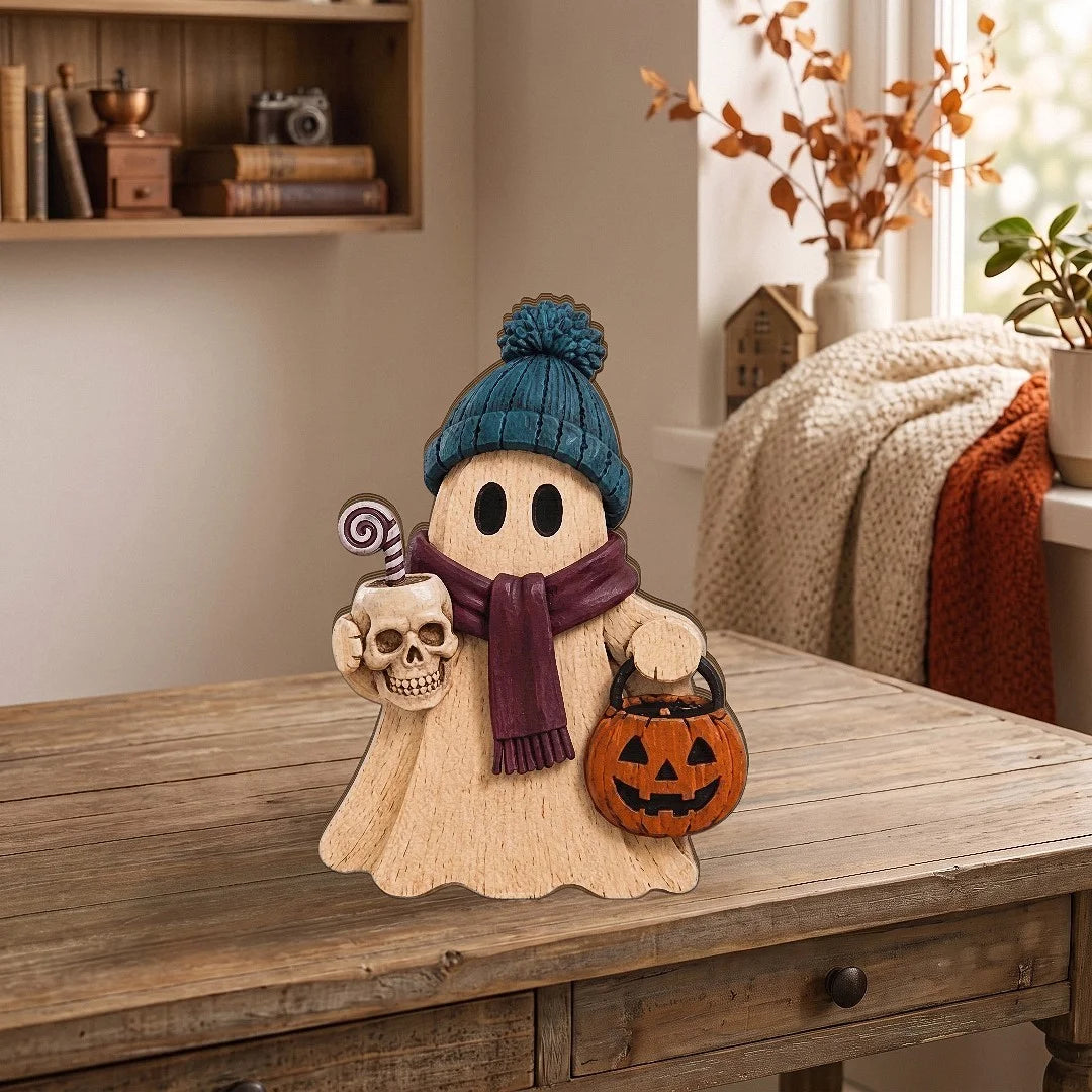 Close-up of Halloween Wooden Ghost Tabletop Decor Wood Figurine Set for Fall Tiered Tray and Rustic Spooky Home  for streetwear fans in Los Angeles