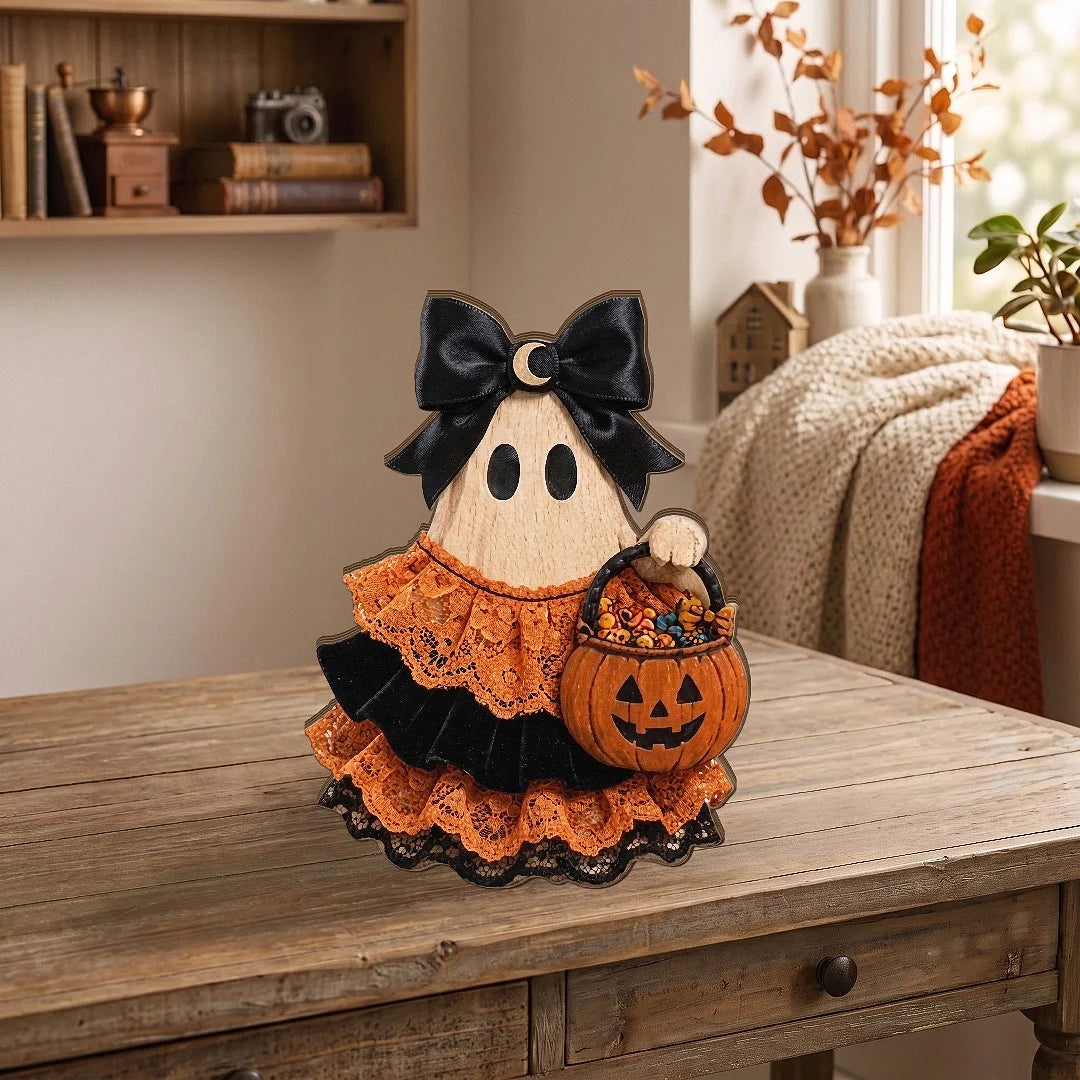 Customer in Los Angeles wearing Halloween Wooden Ghost Tabletop Decor Wood Figurine Set for Fall Tiered Tray and Rustic Spooky Home 