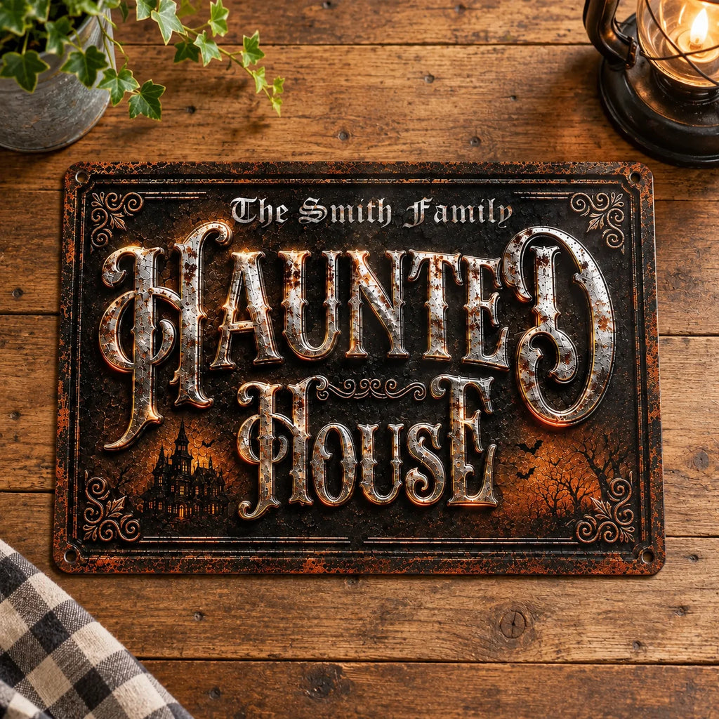 Haunted House Metal Sign Vintage Gothic Halloween Decor Spooky Wall Art Rustic Industrial Plaque