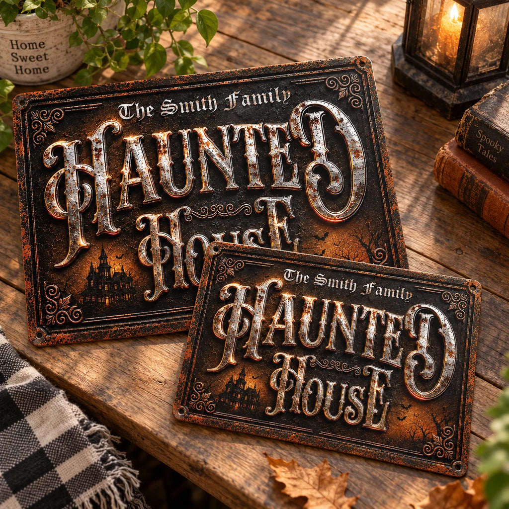 Close-up of Haunted House Metal Sign Vintage Gothic Halloween Decor Spooky Wall Art Rustic Industrial Plaque