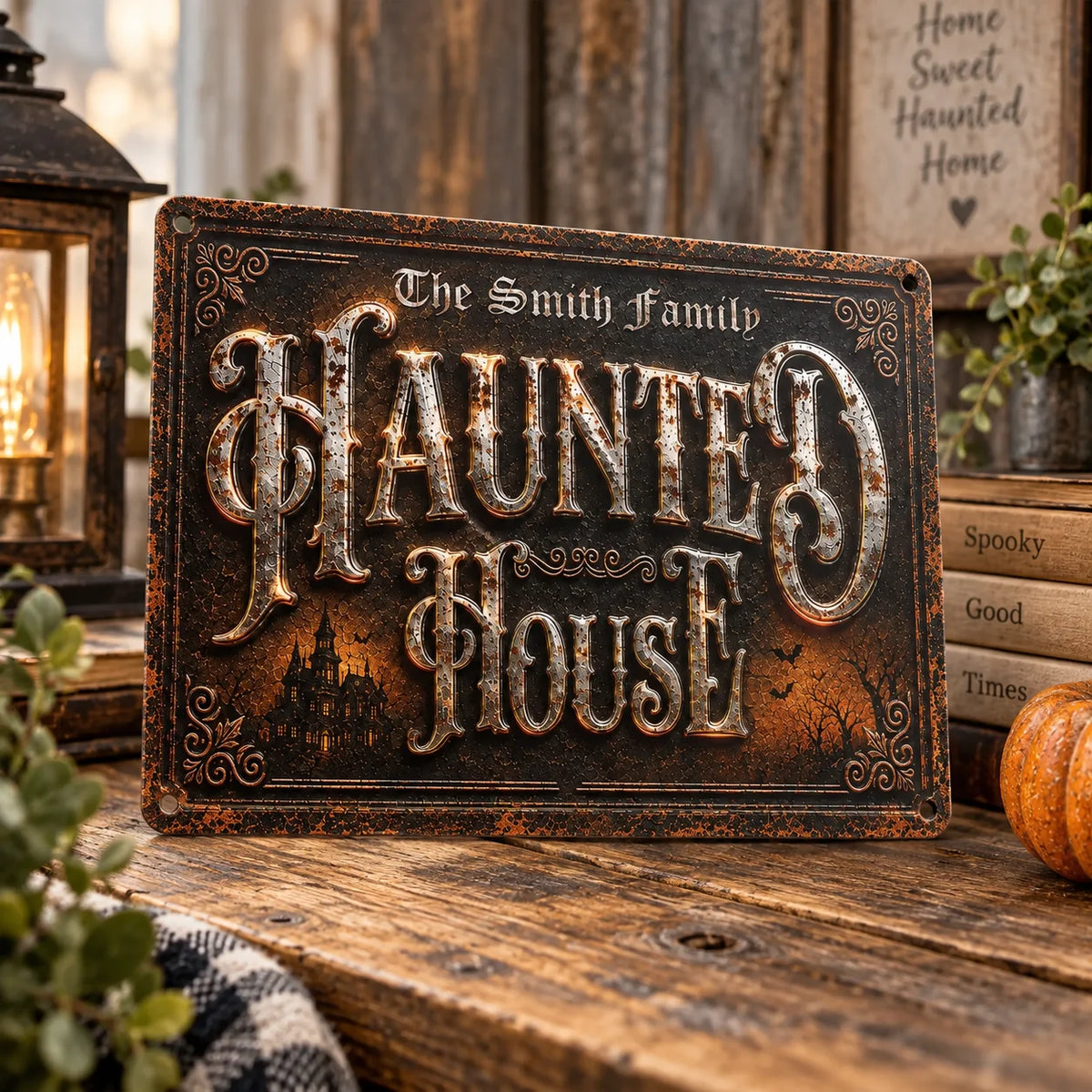 Haunted House Metal Sign Vintage Gothic Halloween Decor Spooky Wall Art Rustic Industrial Plaque