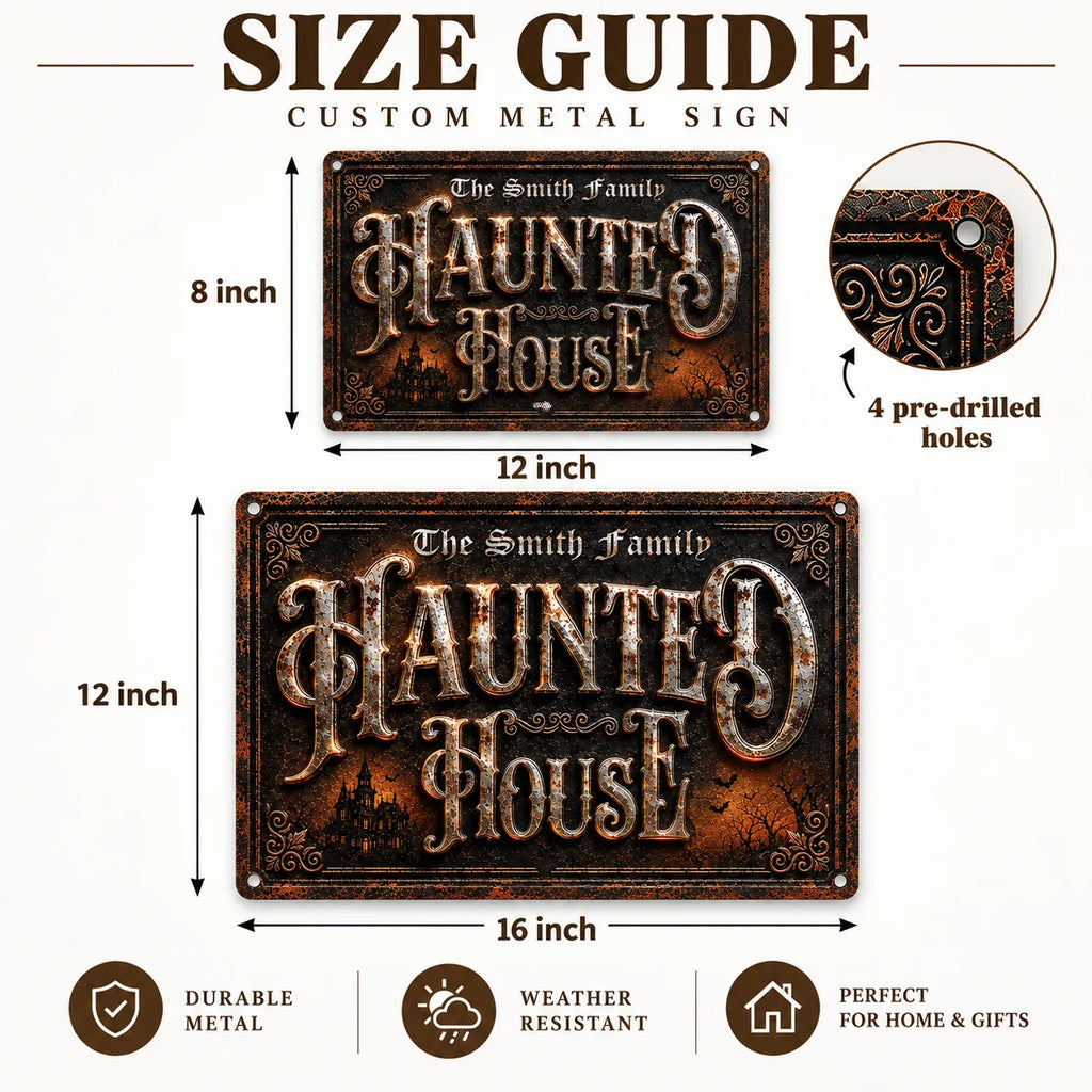 Close-up of Haunted House Metal Sign Vintage Gothic Halloween Decor Spooky Wall Art Rustic Industrial Plaque