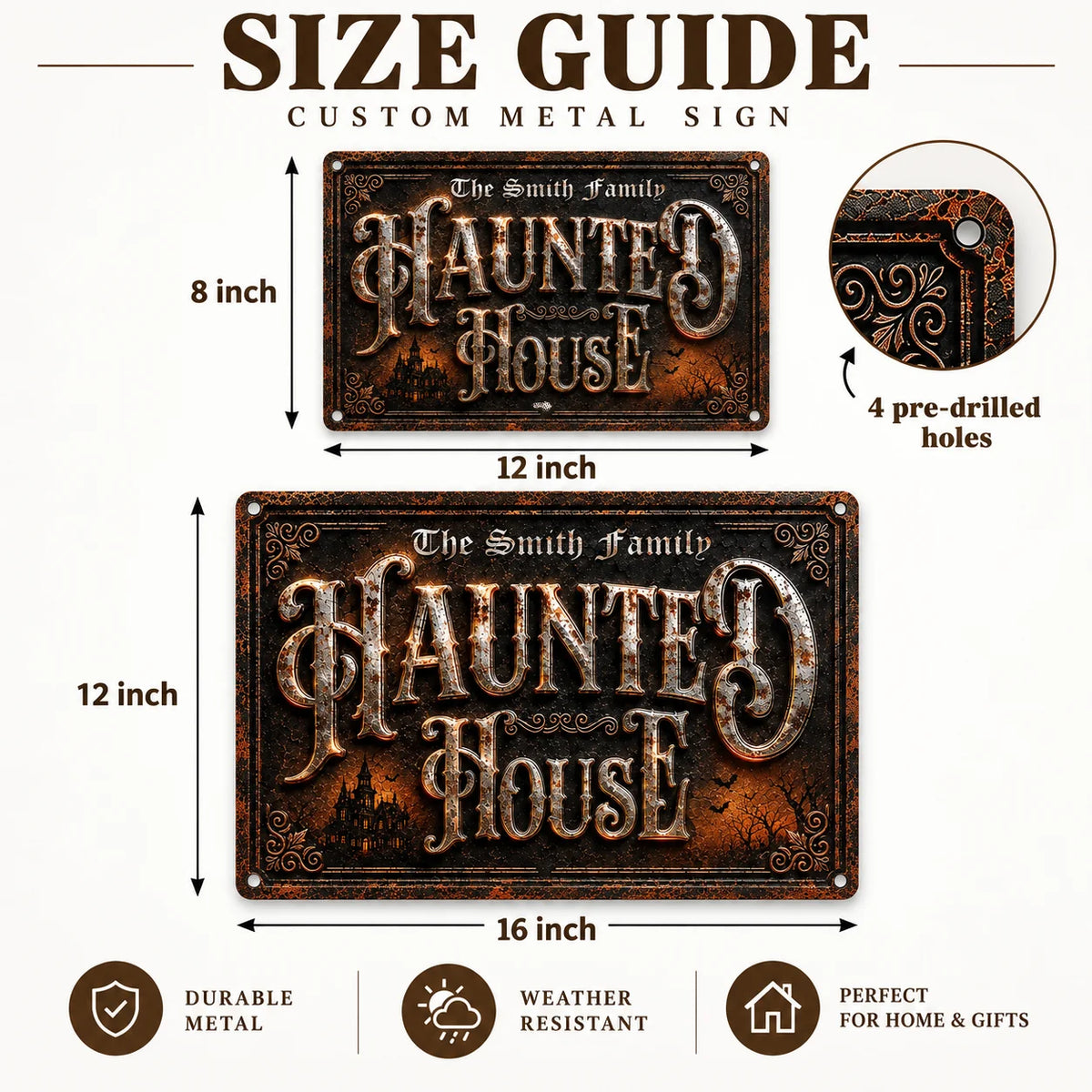Close-up of Haunted House Metal Sign Vintage Gothic Halloween Decor Spooky Wall Art Rustic Industrial Plaque