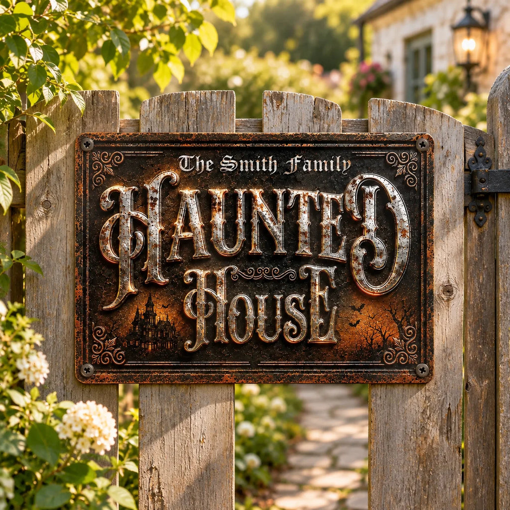Haunted House Metal Sign Vintage Gothic Halloween Decor Spooky Wall Art Rustic Industrial Plaque