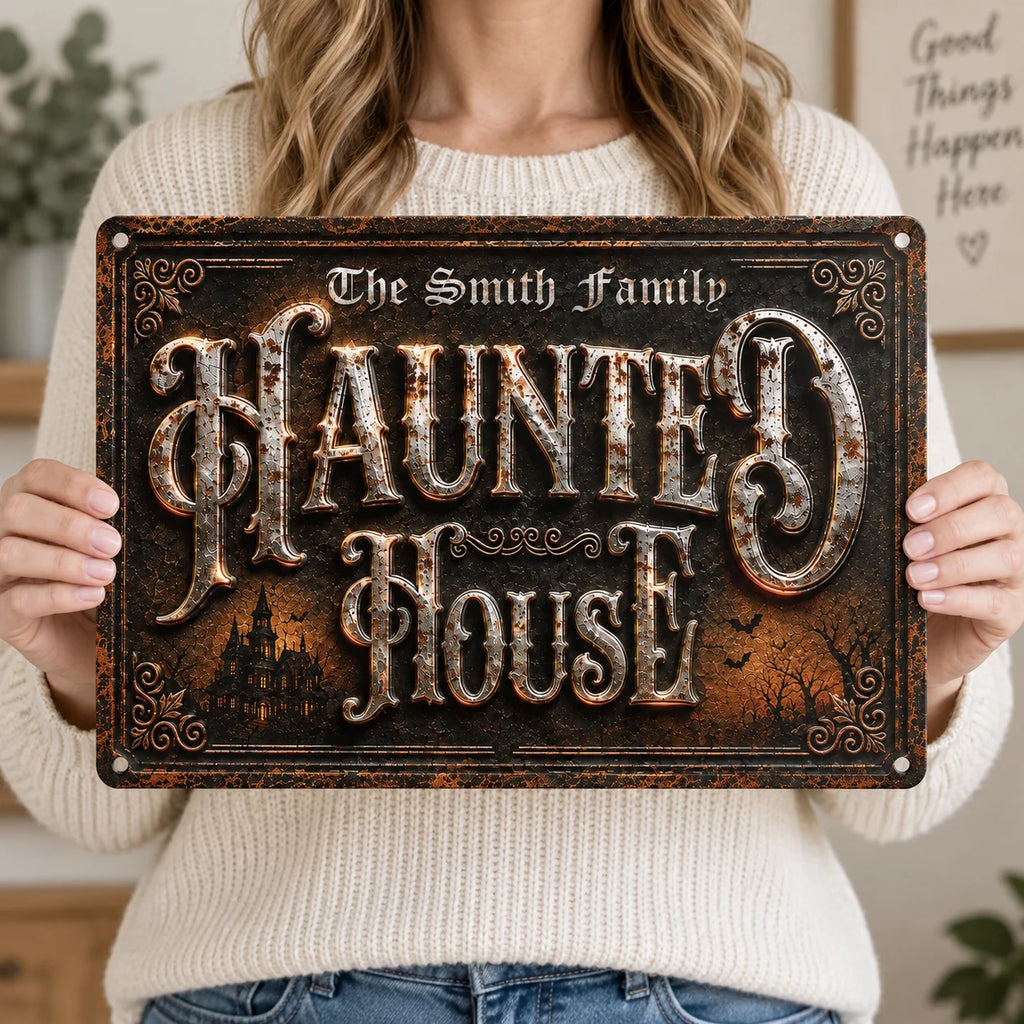 Haunted House Metal Sign Vintage Gothic Halloween Decor Spooky Wall Art Rustic Industrial Plaque