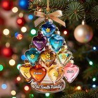 Customer in Los Angeles wearing Heart Baubles Family Tree Christmas Ornament Personalized Acrylic Family Keepsake Gift with Custom N
