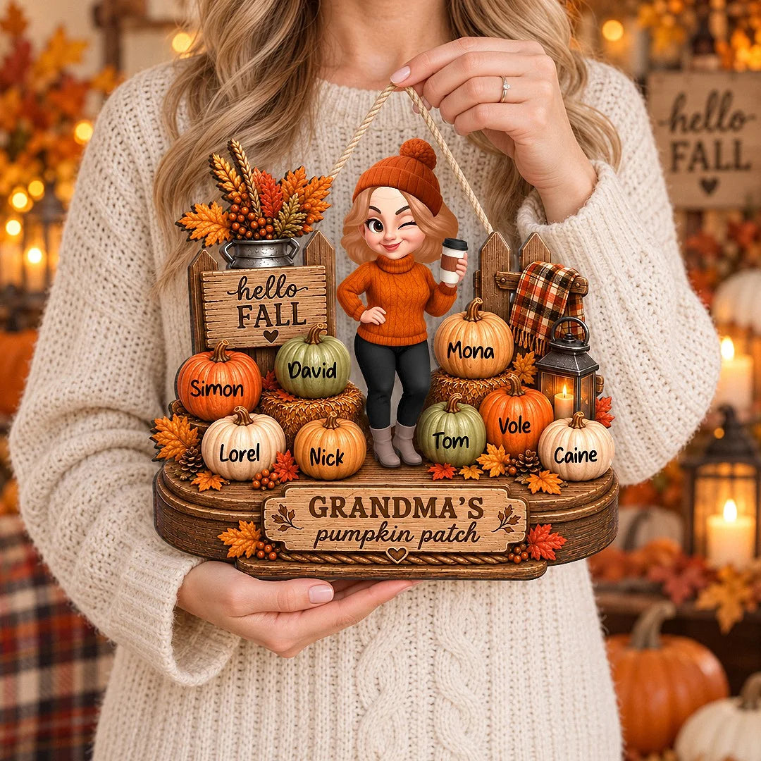 Hello Fall Grandma's Pumpkin Patch Personalized Wall Hanging Custom Grandkids Names Gift