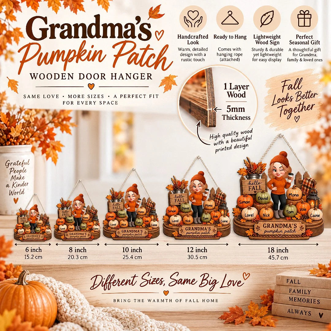Close-up of Hello Fall Grandma's Pumpkin Patch Personalized Wall Hanging Custom Grandkids Names Gift
