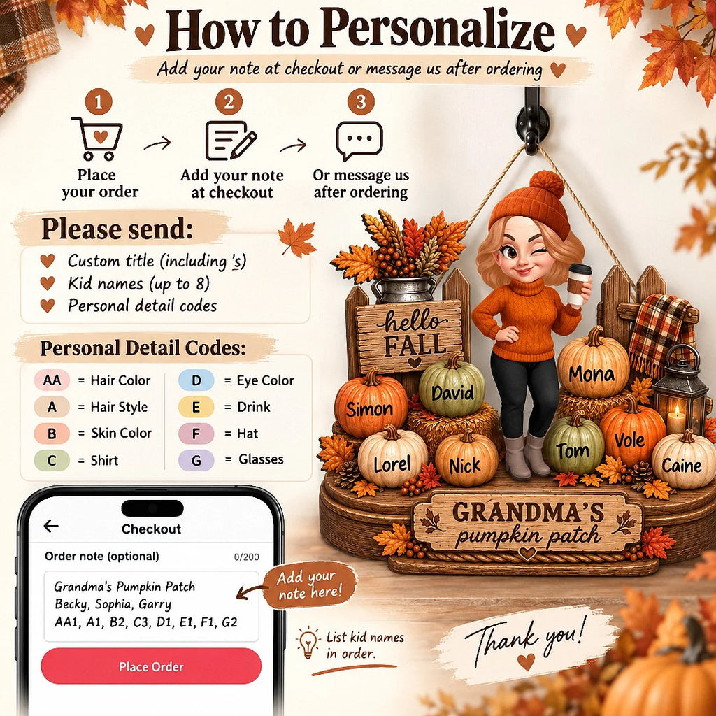 Hello Fall Grandma's Pumpkin Patch Personalized Wall Hanging Custom Grandkids Names Gift