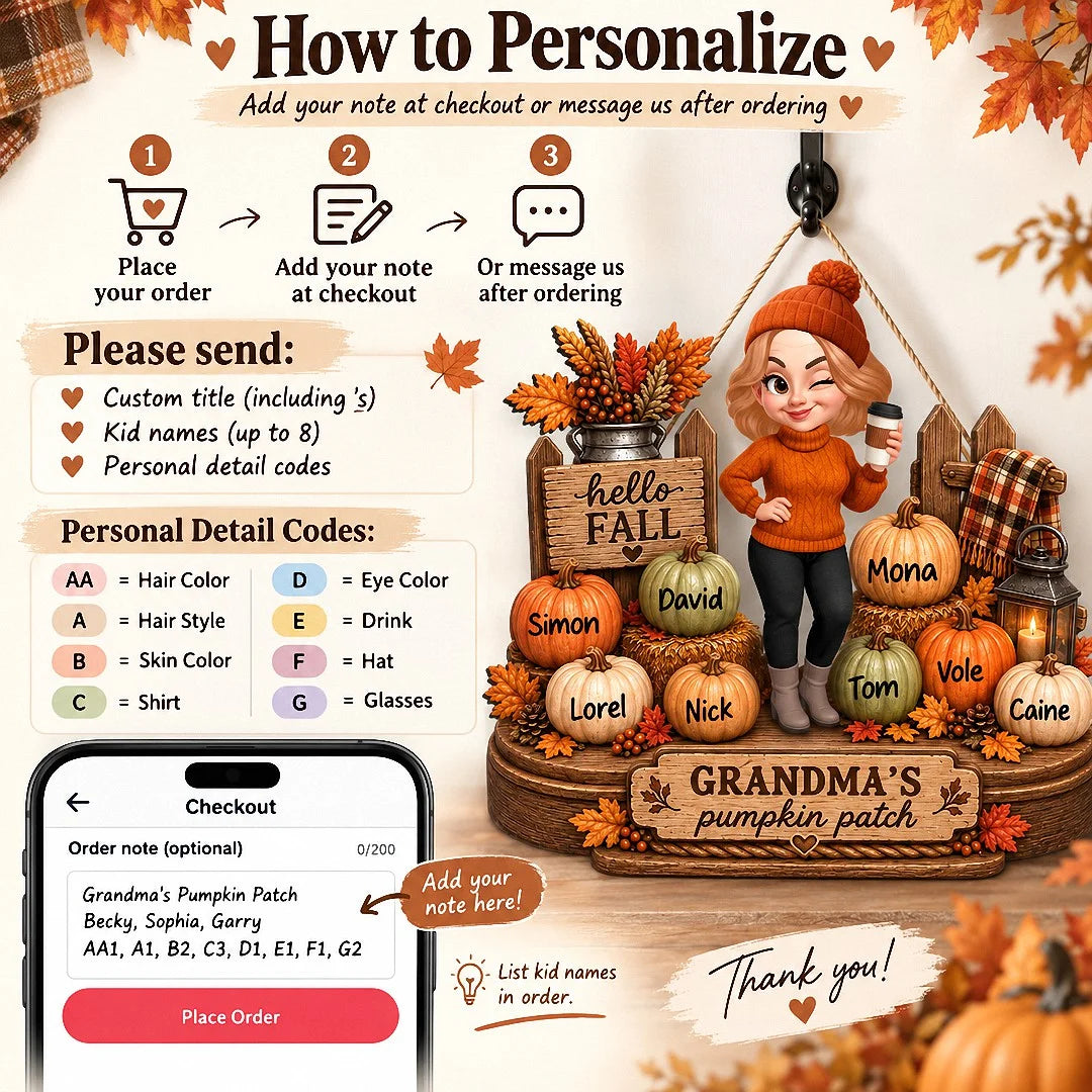 Hello Fall Grandma's Pumpkin Patch Personalized Wall Hanging Custom Grandkids Names Gift