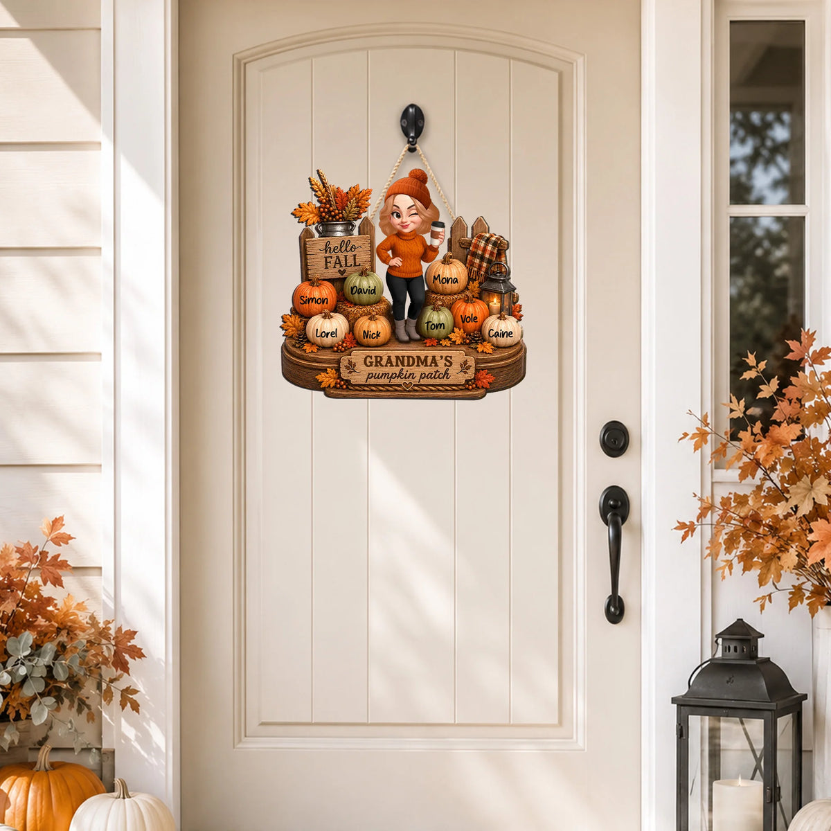 Close-up of Hello Fall Grandma's Pumpkin Patch Personalized Wall Hanging Custom Grandkids Names Gift