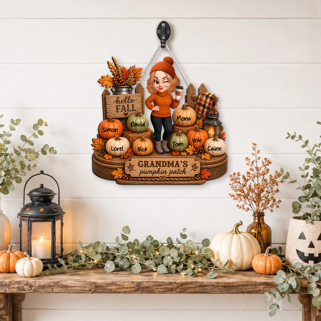 Hello Fall Grandma's Pumpkin Patch Personalized Wall Hanging Custom Grandkids Names Gift
