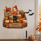 Close-up of Hello Fall Grandma's Pumpkin Patch Personalized Wall Hanging Custom Grandkids Names Gift