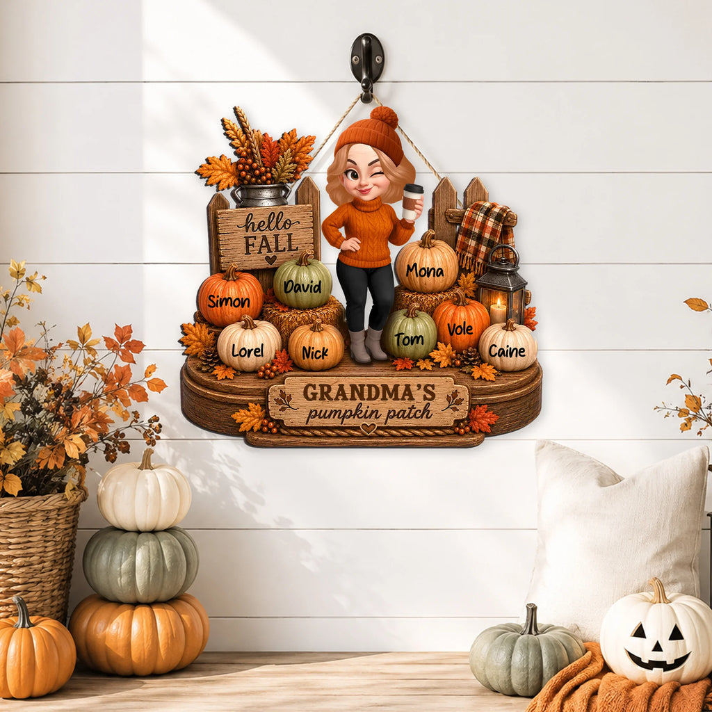 Hello Fall Grandma's Pumpkin Patch Personalized Wall Hanging Custom Grandkids Names Gift