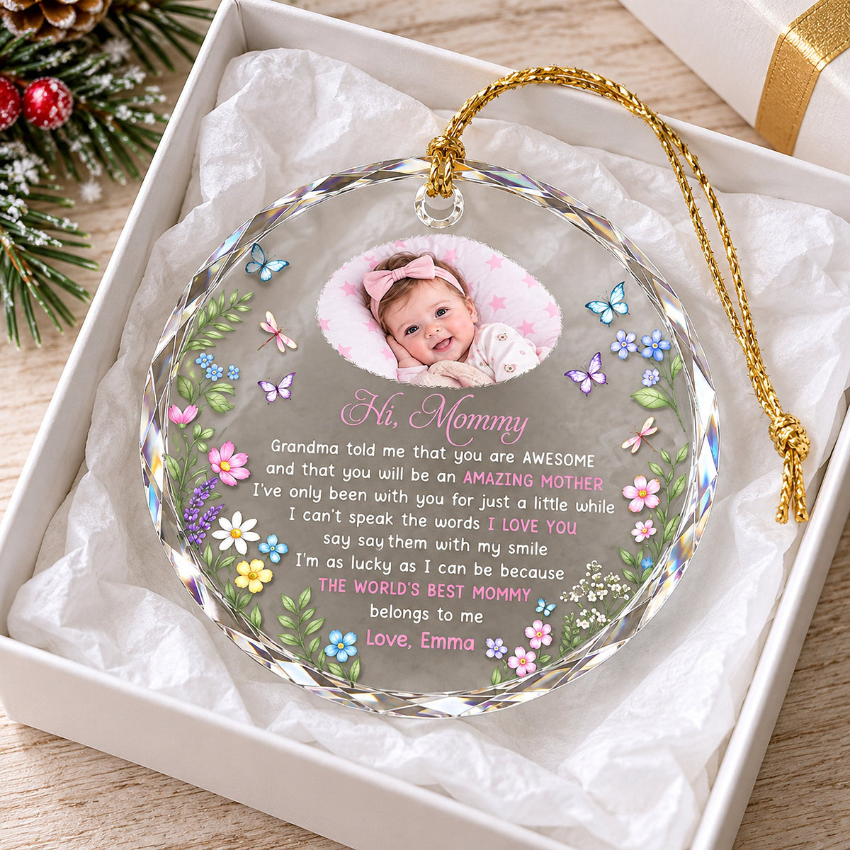 Custom baby photo ornament resting in a white gift box with crinkle paper, gold hanging cord, and colorful floral and
