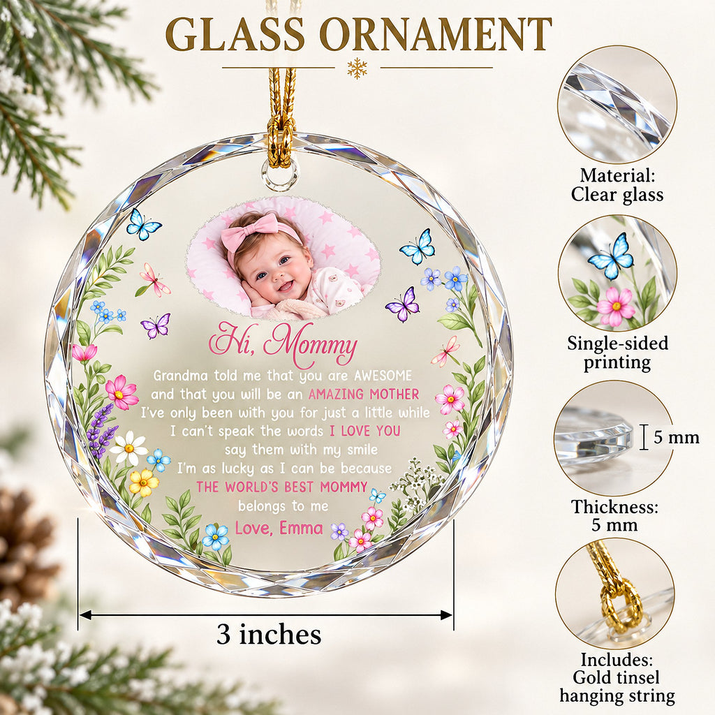 Customer in Los Angeles wearing Hi Mommy Grandma Told Me You Are Awesome Amazing Mother Ornament New Mom Gift First Christmas Keepsa