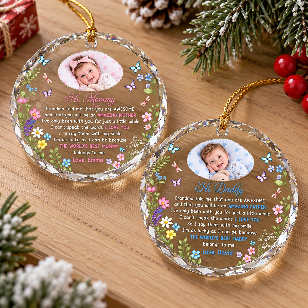 Customer in Los Angeles wearing Hi Mommy Grandma Told Me You Are Awesome Amazing Mother Ornament New Mom Gift First Christmas Keepsa