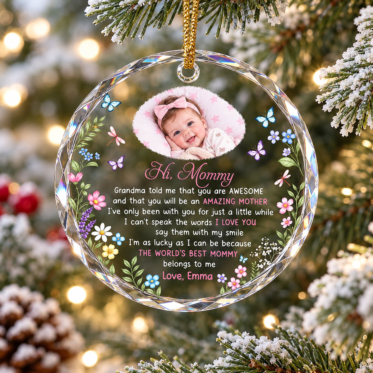Personalized round clear glass ornament hanging on a snowy Christmas tree with a baby photo and sentimental poem for new