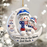 Customer in Los Angeles wearing I Love You to the Moon and Back Ornament, 1776-2026 250th Anniversary America Keepsake, Personalized