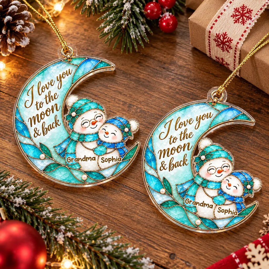 I Love You to the Moon & Back Ornament Stained Glass Snowman Christmas Keepsake Personalized Holiday