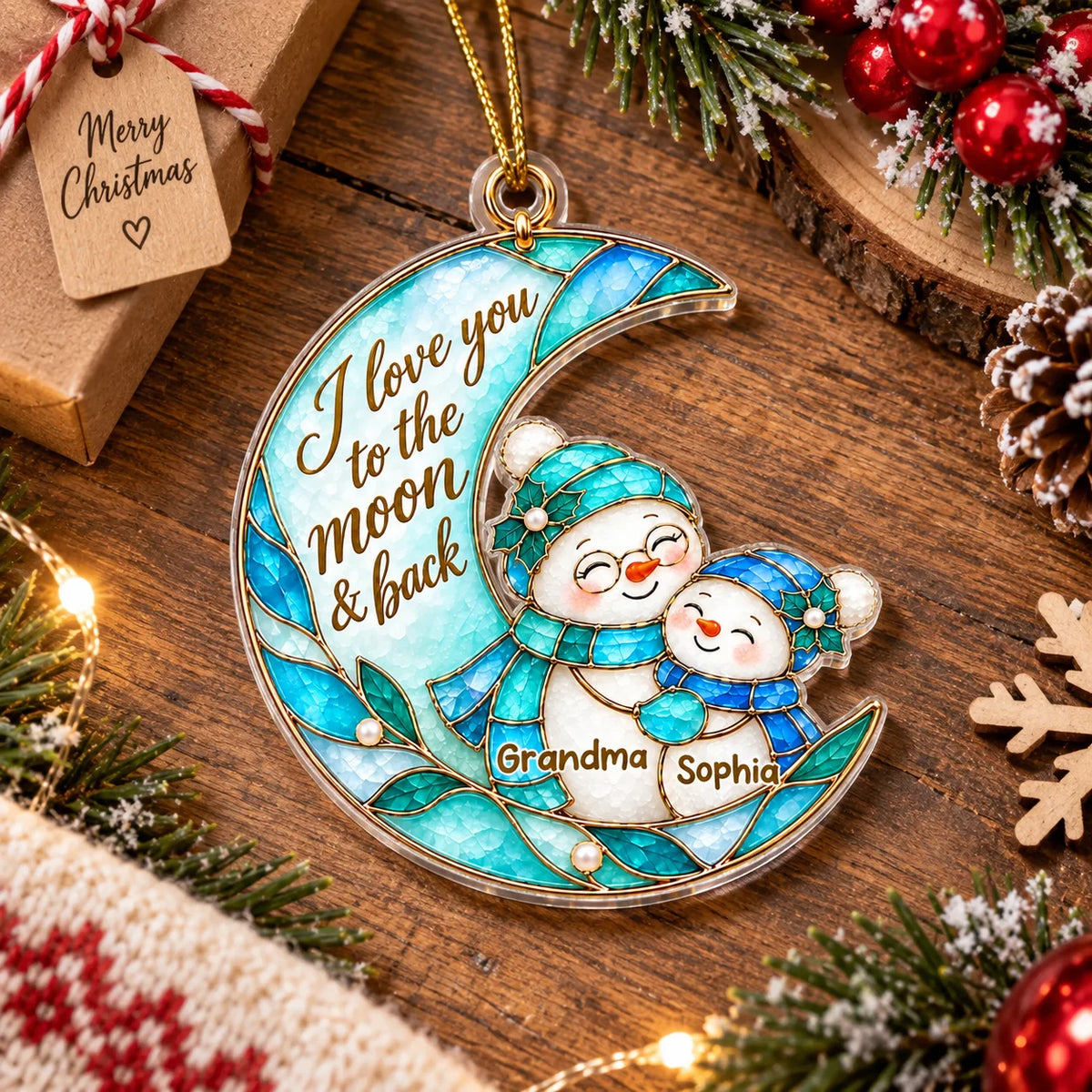 I Love You to the Moon & Back Ornament Stained Glass Snowman Christmas Keepsake Personalized Holiday