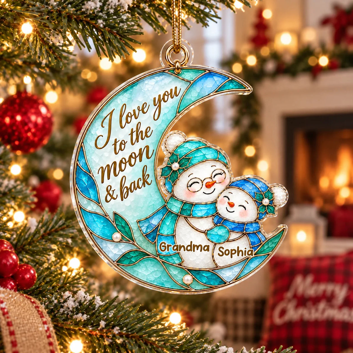 Close-up of I Love You to the Moon & Back Ornament Stained Glass Snowman Christmas Keepsake Personalized Holiday