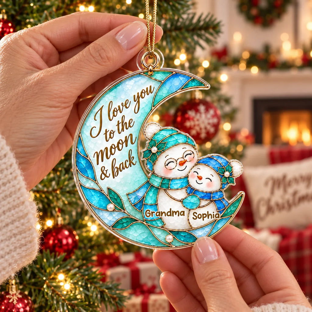 I Love You to the Moon & Back Ornament Stained Glass Snowman Christmas Keepsake Personalized Holiday