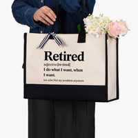 RodyThread Funny Retirement Definition Dictionary Quote Cornered Tote Bag Cute Gift Bag for Women Coworker Leaving Job Minimalist Aesthetic Natural Black Cotton Canvas Happy Retired Life 2025 2026 Party Present Reusable Shopper