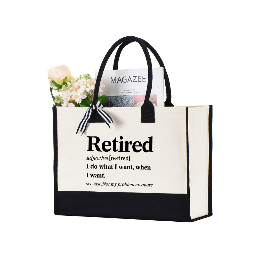 RodyThread Funny Retirement Definition Dictionary Quote Cornered Tote Bag Cute Gift Bag for Women Coworker Leaving Job Minimalist Aesthetic Natural Black Cotton Canvas Happy Retired Life 2025 2026 Party Present Reusable Shopper
