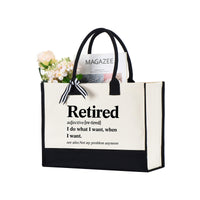 RodyThread Funny Retirement Definition Dictionary Quote Cornered Tote Bag Cute Gift Bag for Women Coworker Leaving Job Minimalist Aesthetic Natural Black Cotton Canvas Happy Retired Life 2025 2026 Party Present Reusable Shopper