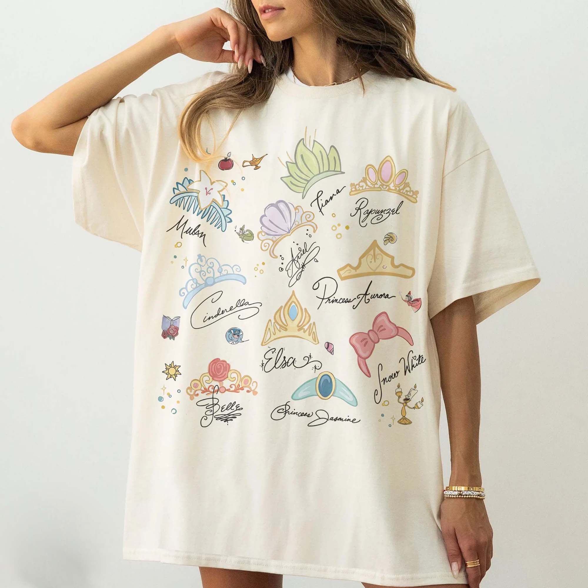 RodyThread Watercolor Princess Crowns Graphic T-Shirt Women's Vintage Coquette Washed Charcoal Grey Cotton Tee Summer Girl Squad Trip 2026 Theme Park Vacation Outfit Casual Loose Top
