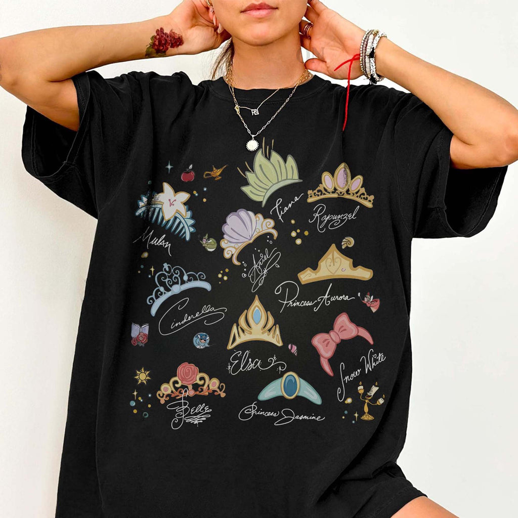 RodyThread Watercolor Princess Crowns Graphic T-Shirt Women's Vintage Coquette Washed Charcoal Grey Cotton Tee Summer Girl Squad Trip 2026 Theme Park Vacation Outfit Casual Loose Top